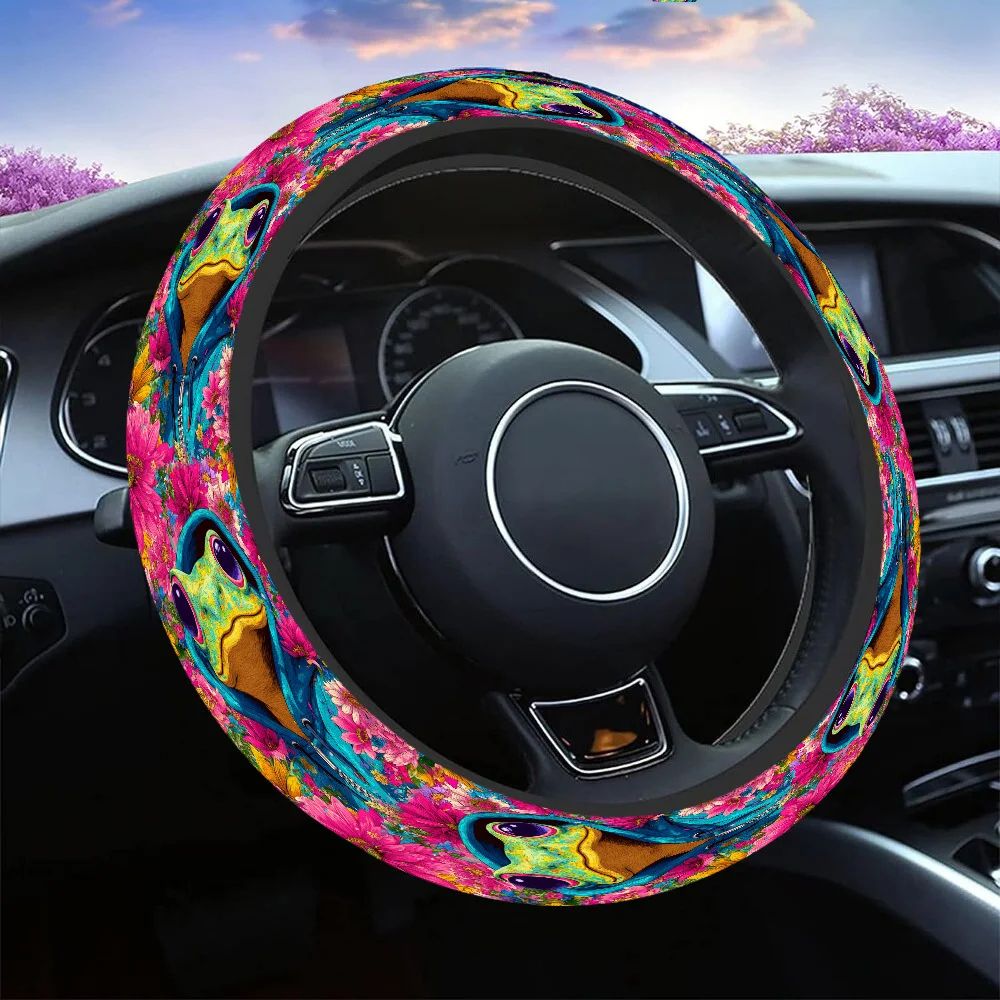 1pc 15-Inch Steering Wheel Cover - Anti-Slip Multicolor (Pink/Green/Blue/Purple/Yellow/Pink) Frogs & Lily Pad Design, Non-Slip G