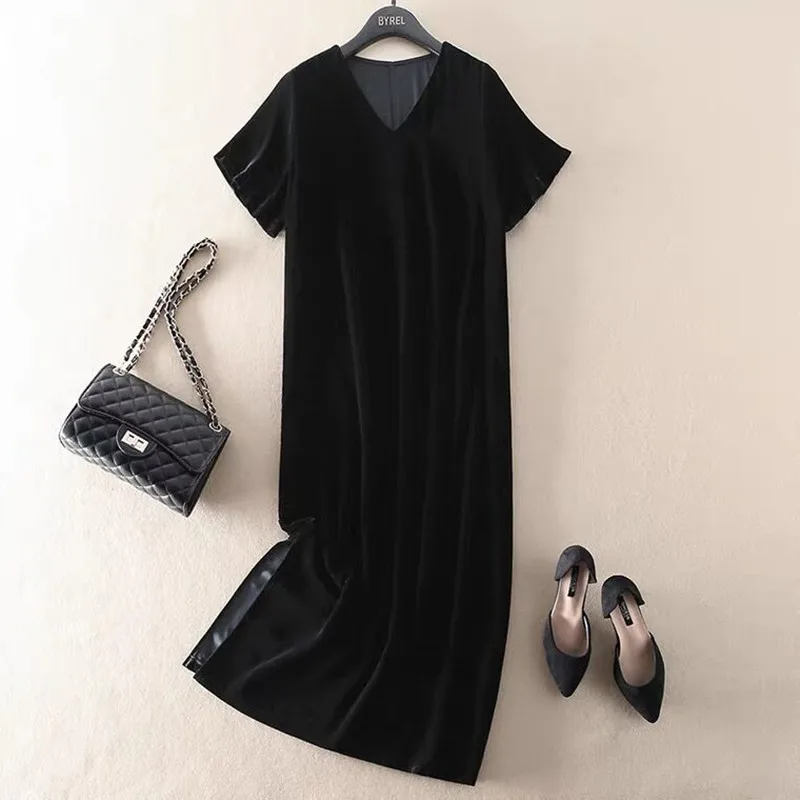 Vestido camisero de terciopelo para mujer, traje Sexy de terciopelo con abertura, Vintage, informal, negro, azul y morado, para fiesta de verano