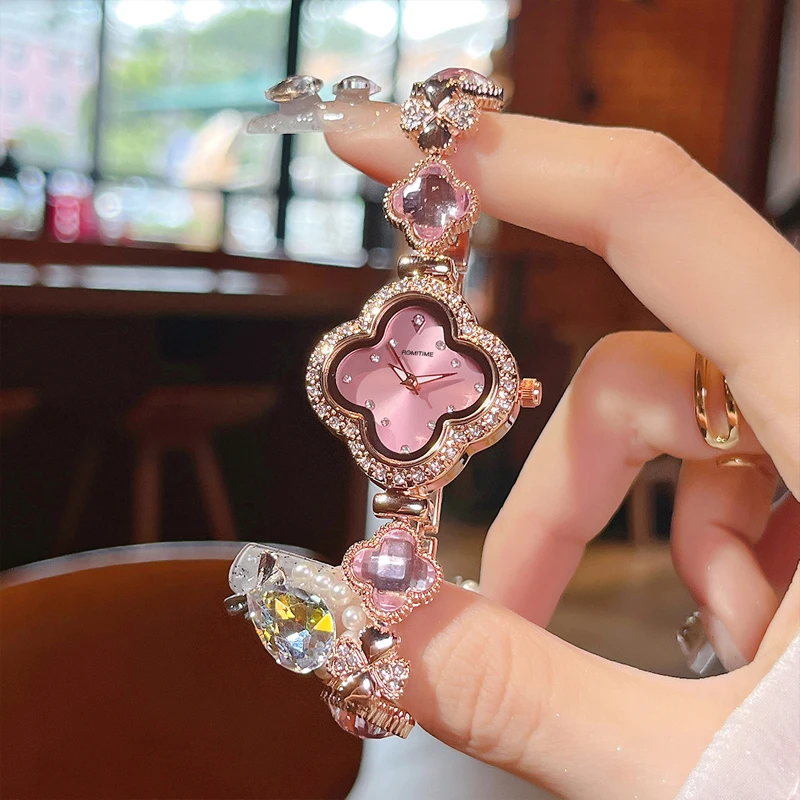 ROMITIME Luxury Women Quartz Watch Radiant Sunburst Dial Clover Bracelet  30M Waterproof Luminous Clock Watches for Lady