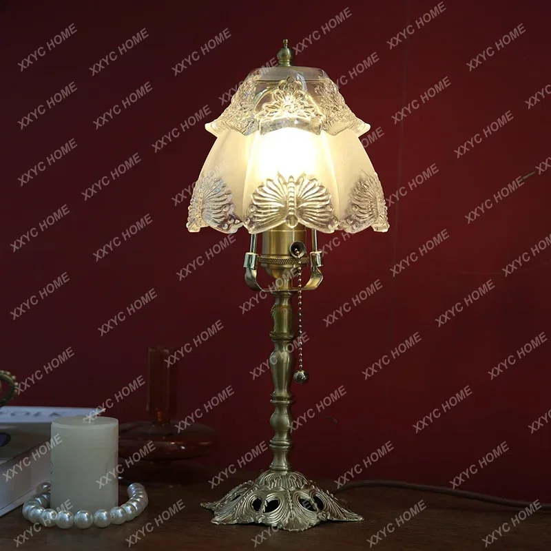 Treasure Warehouse, French Vintage Niche Brass Crystal Glass Desk Lamp Vintage Medieval Carved Bedroom Bedside Lamp