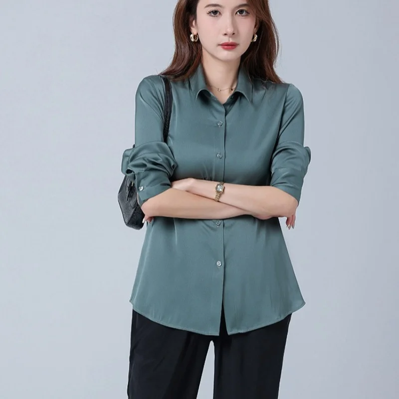 Birdtree, 93 % Maulbeerseide, 7 % Elasthan, solide Bluse, Damen-Revers-Freizeitoberteile, Hemd mit langen Ärmeln, einreihig, 2025 neu T5D622JF