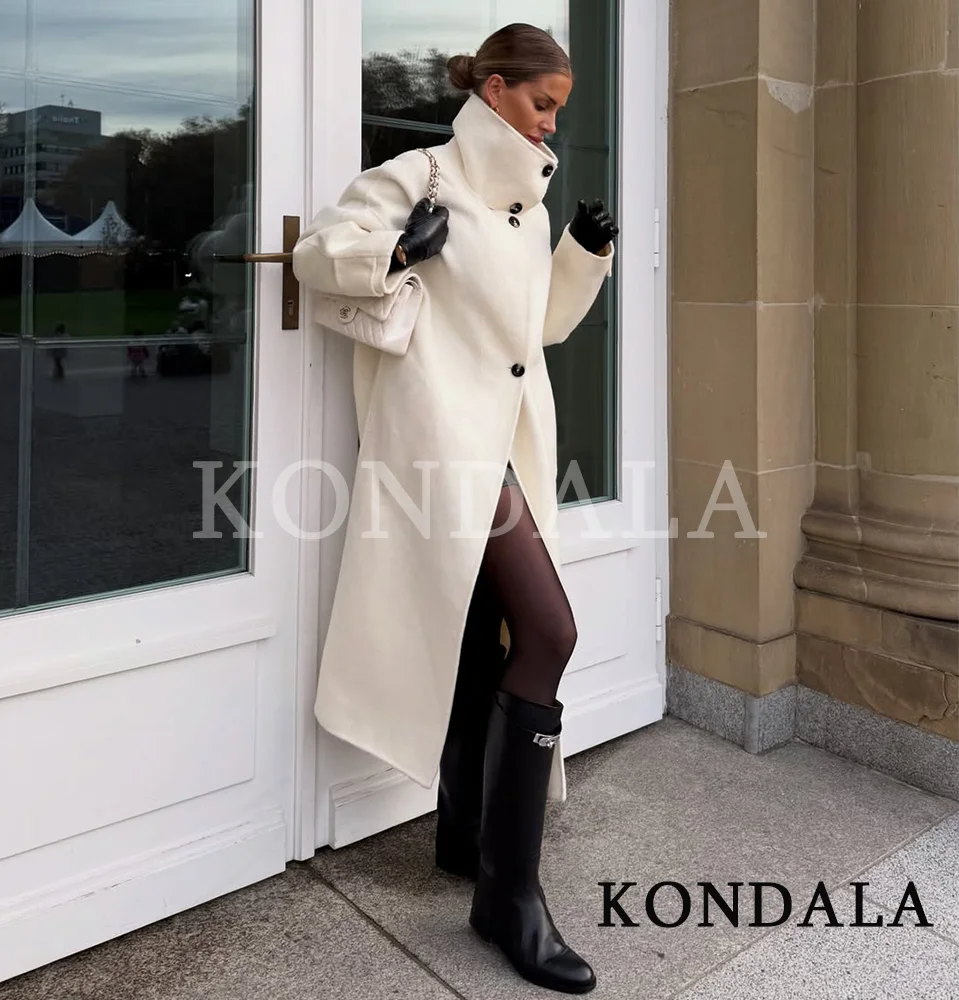 Kondala na moda gola alta casaco longo feminino high street elegante bege misturado casaco 2026 outono inverno moda comute casaco longo