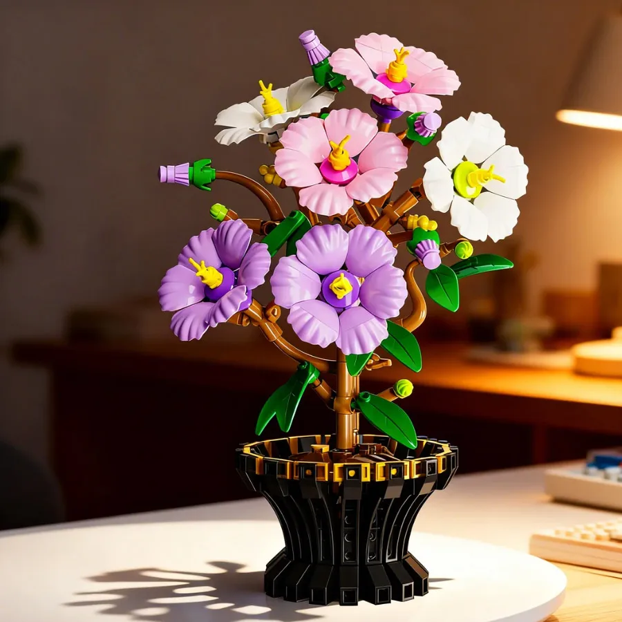 Set de Bloques de Construcción de Bonsái de Rosa de Algodón e Hibisco, Modelo de Planta Artificial, Kit de Bloques, Decoración para el Hogar y Escritorio, Regalo de Navidad y Cumpleaños