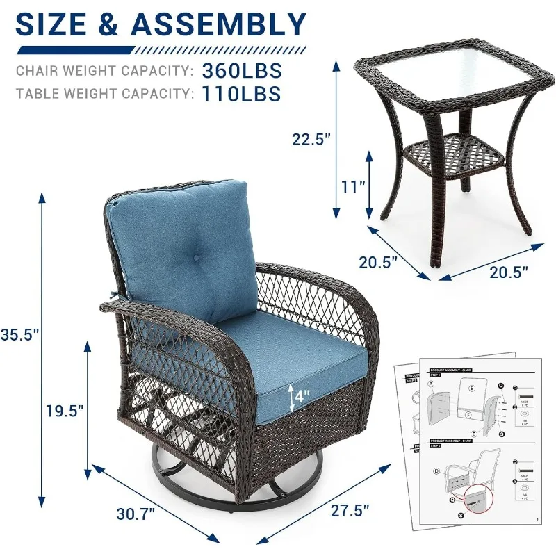 UDPATIO 3 Pieces Patio Furniture Set,Outdoor Swivel Gliders Rocker,Wicker Patio Bistro Set,Rattan Rocking Chair,Glass Side Table