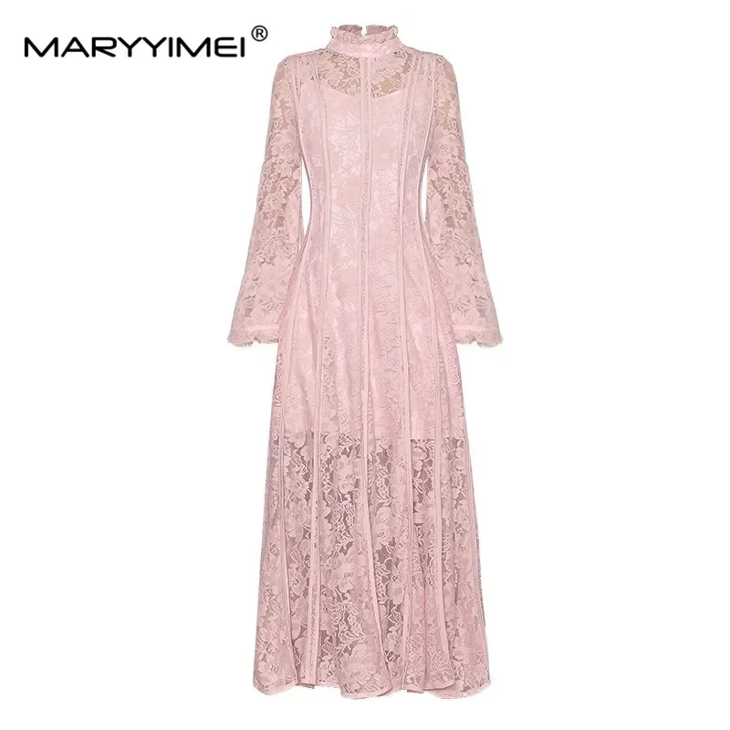 فستان نسائي موضة ربيع الخريف من MARYYIMEI بياقة مكشكشة وأكمام مضيئة فساتين دانتيل مخططة