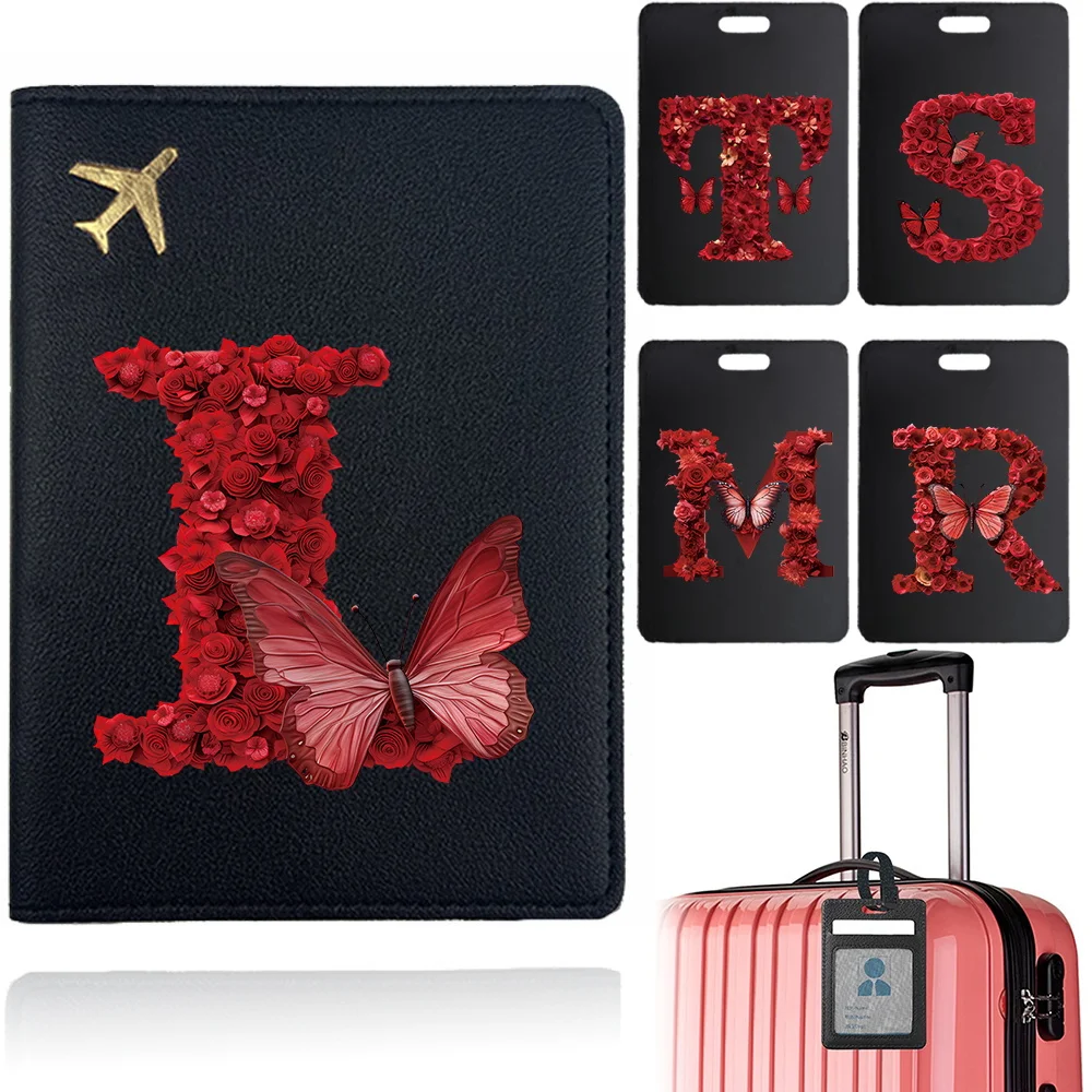 

2pcs PU Passport Cover Case and Luggage Tag Set Durable Ticket Passport Holder Multifunction Travel Accessories Red Rose Pattern