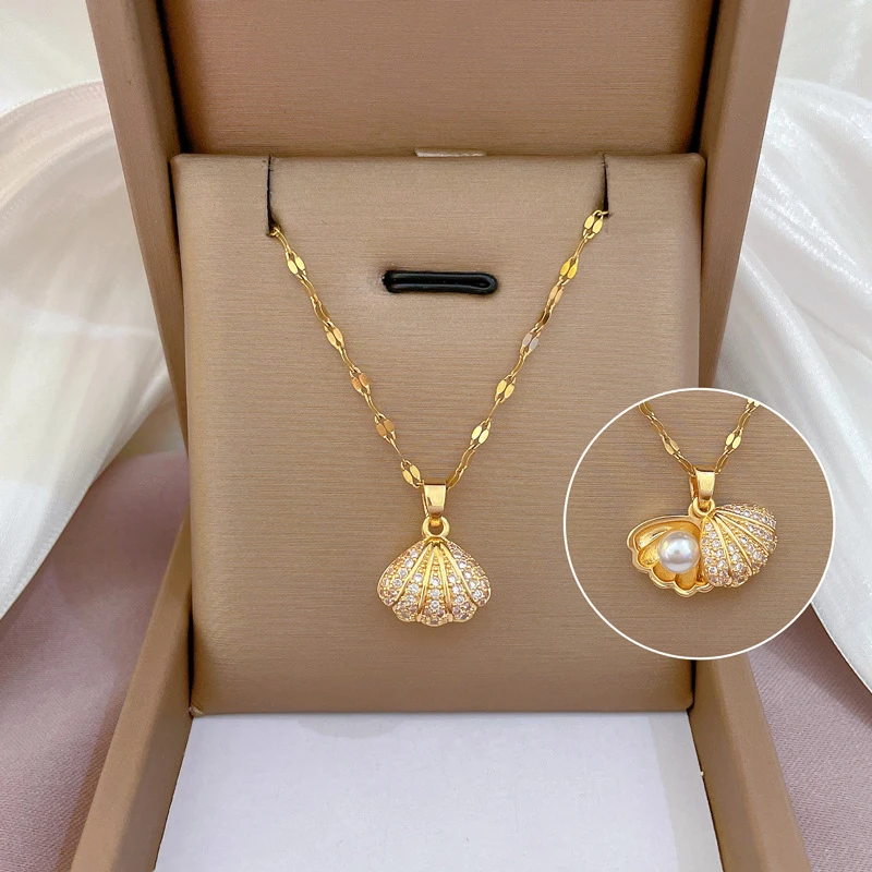 Neue Exquisite Zirkon Shell Perle Anhänger Halskette für Frauen Gold Farbe Schlüsselbein Kette Halskette Luxus Hochzeit Schmuck Geschenk
