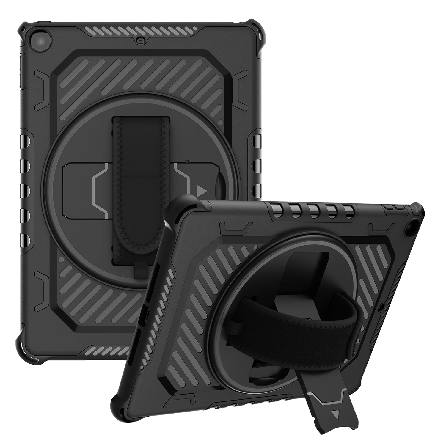 

For iPad 9.7-inch (2018) / (2017) Case Kickstand PC + TPU Shockproof Tablet Cover with Hand Strap - Black