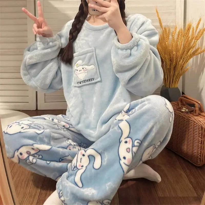 Cute Kuromi Women Plush Pajamas Set Sanrioed Kawaii Hello Kitty Cinnamoroll Autumn Winter Home Clothes New Girl Thicken Cartoon