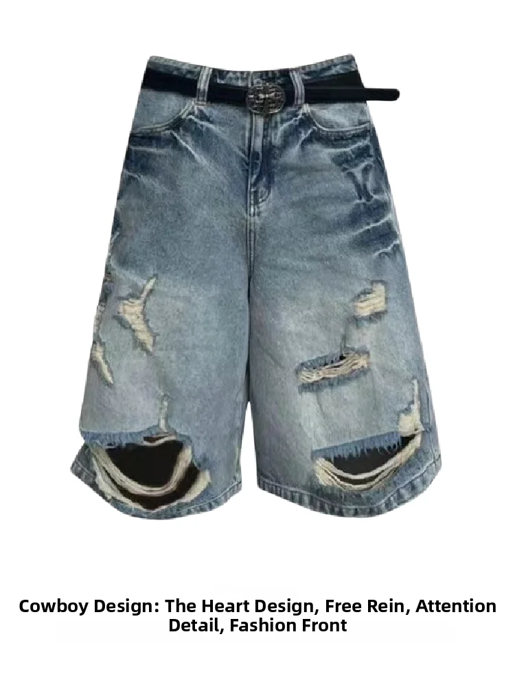 

American Style Hot Girl High Street Retro Denim Shorts Women Summer High Waist Straight Loose Hole Five Pants Casual Jeans
