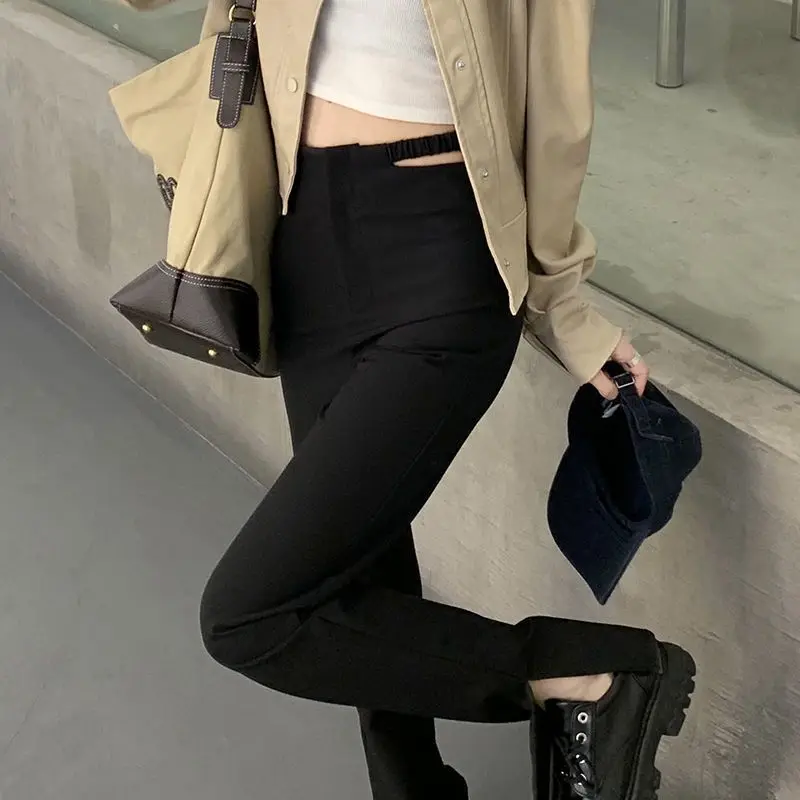 Hollow Out Pants Women Straight Vintage Pure Chic Side-slit Design Spring Korean Daily Full Length Leisure All-match Street Wear