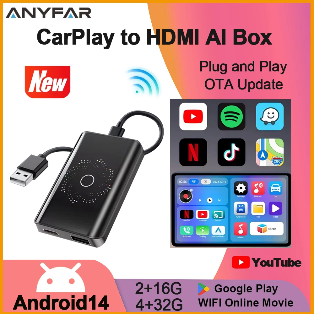 Android 14 CarPlay AI Box 4+32G 2+16G Wireless CarPlay Android Auto Adapter Mirror Split Screen for Play Store YouTube Netflix