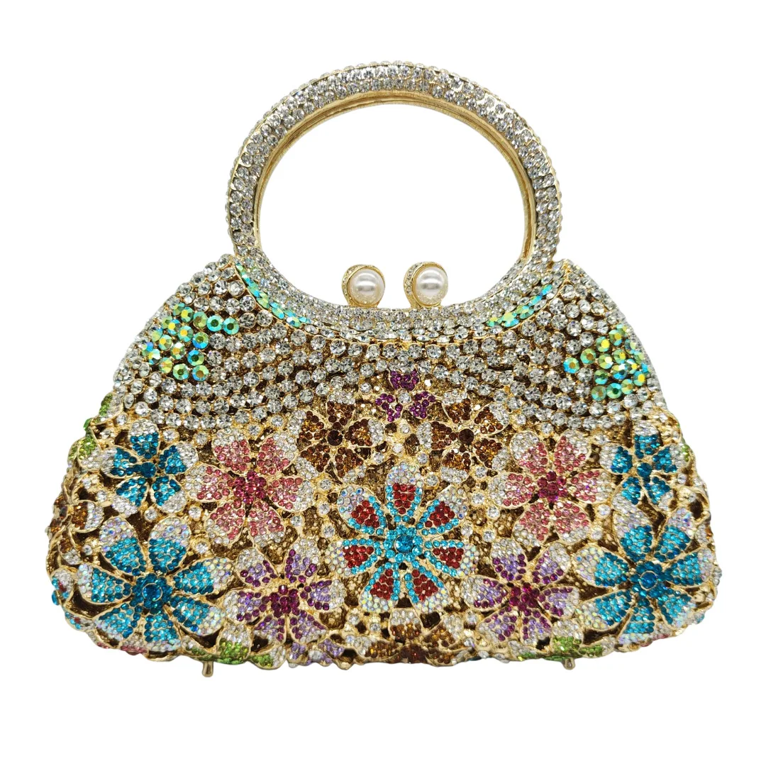 

Large Size Purple Rhinestone Top-Handle Purses Luxury Women Long Chain Wedding Clutches New Flower Lady Dinner Banquet Handbags