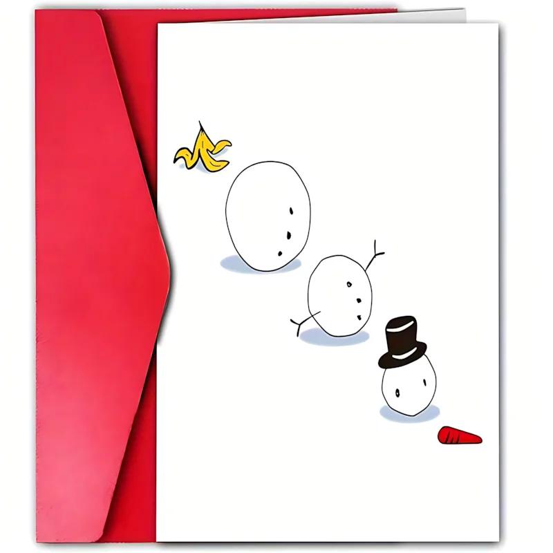 Funny Snowman Banana Peel Christmas Card Falling Snowman Simple Line Drawing Humorous Joke Xmas Greeting Card