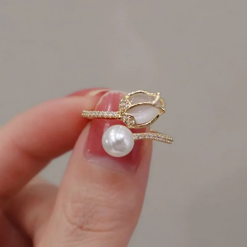 Tulip ring women\'s opening free adjustment size opal ring super fairy Japan and Korea simple jewelry