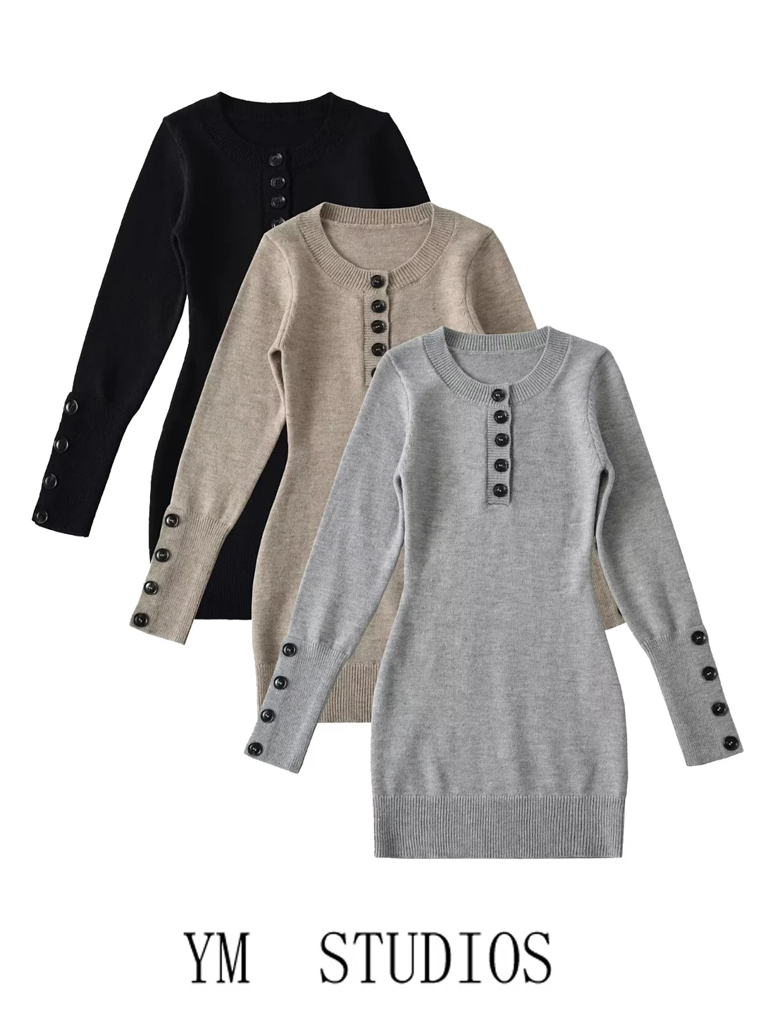 

Вязаное платье-боди с длинными рукавами и пуговицами, с круглым вырезом, короткая юбка с высокой талией из эластичной ткани, облегающее, приятное к телу.