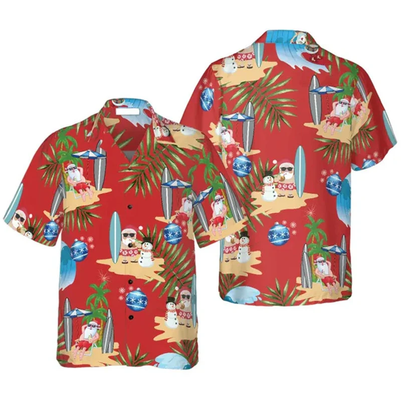 Hawaii Surf Santa Claus Shirt Men's Vacation Clothing  Single Breasted Short Sleeve Tee Shirt Merry Christmas Trend Blouse Top