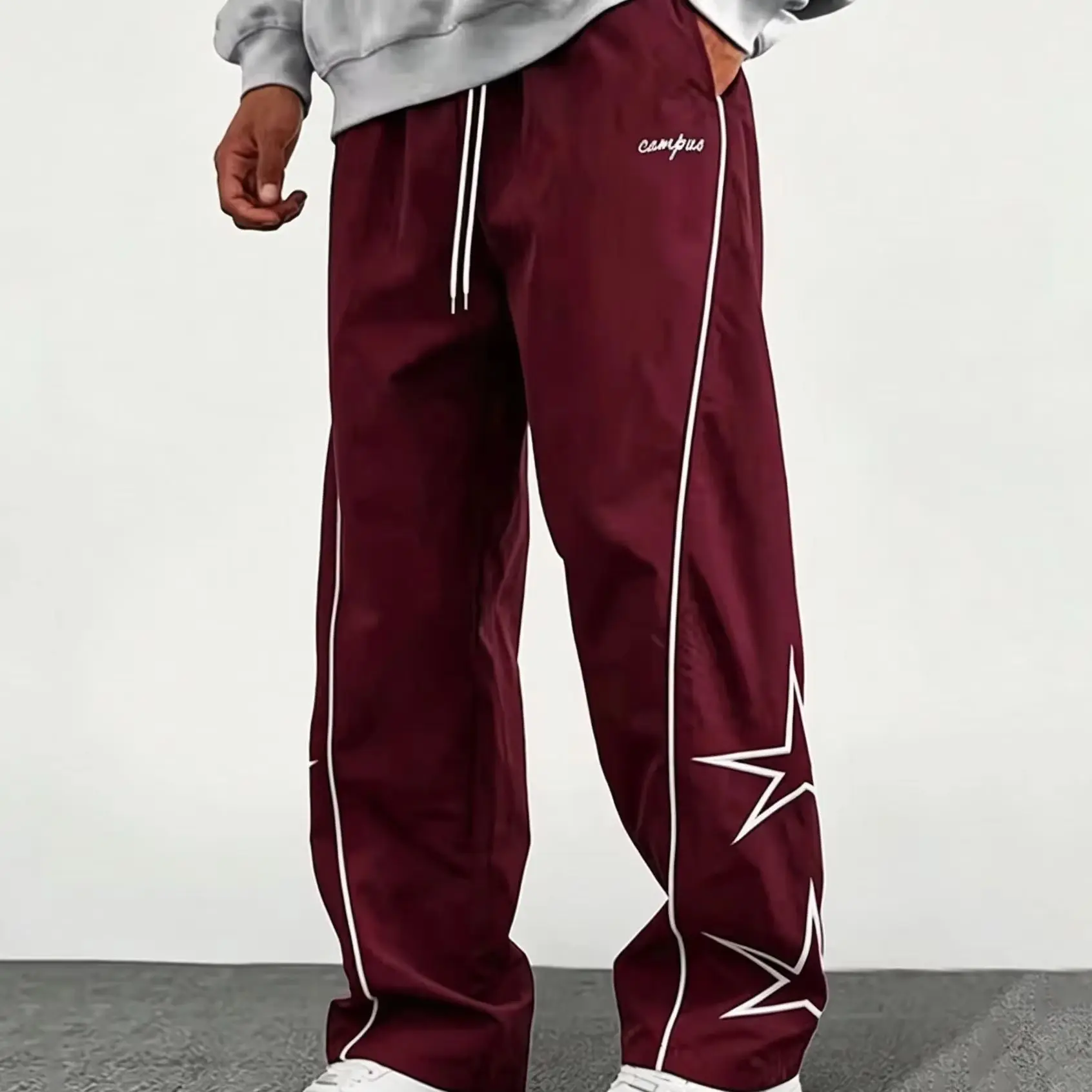 Men's Star Graphic Wide Leg Pants Drawstring Elastic Waist Side Stripe Loose Trousers Y2K Campus Streetwear Casual Bottoms