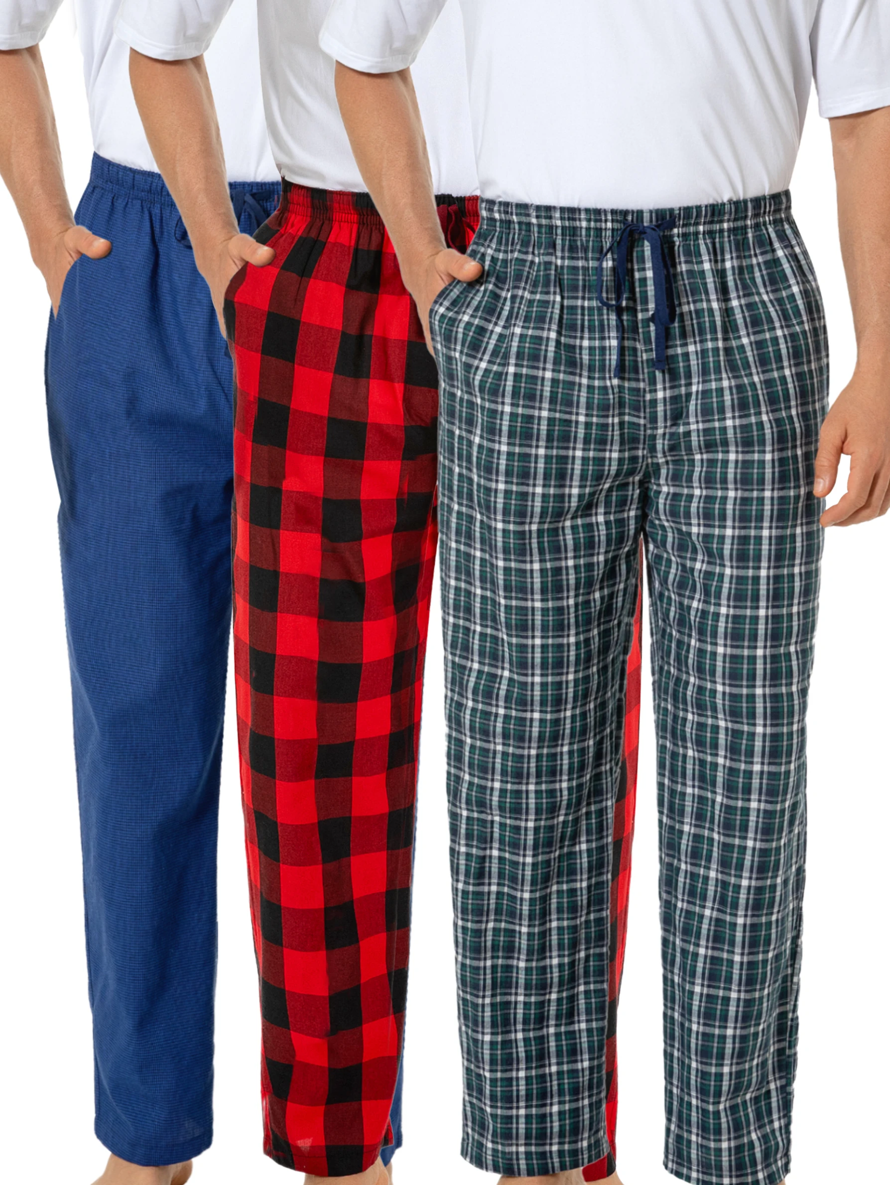 3 Pcs Men\'s Simple Plaid Pattern Cotton Casual Pants, Stretchy Loose Elastic Waist With Drawstring Pockets Home Pajamas Bottom