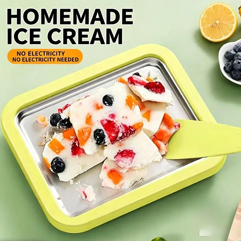 Household Rolled Ice Cream Maker Pan With 2 Scrapers DIY Frozen Yogurt Sorbet Homemade Dessert Machine
