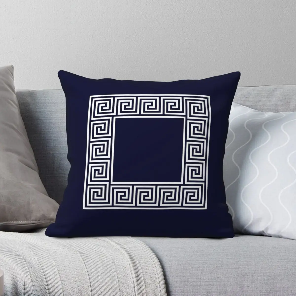 Navy Blue Greek Key Meander Square Pillowcase Polyester Linen Velvet Printed Zip Decor Room Cushion Cover 45x45