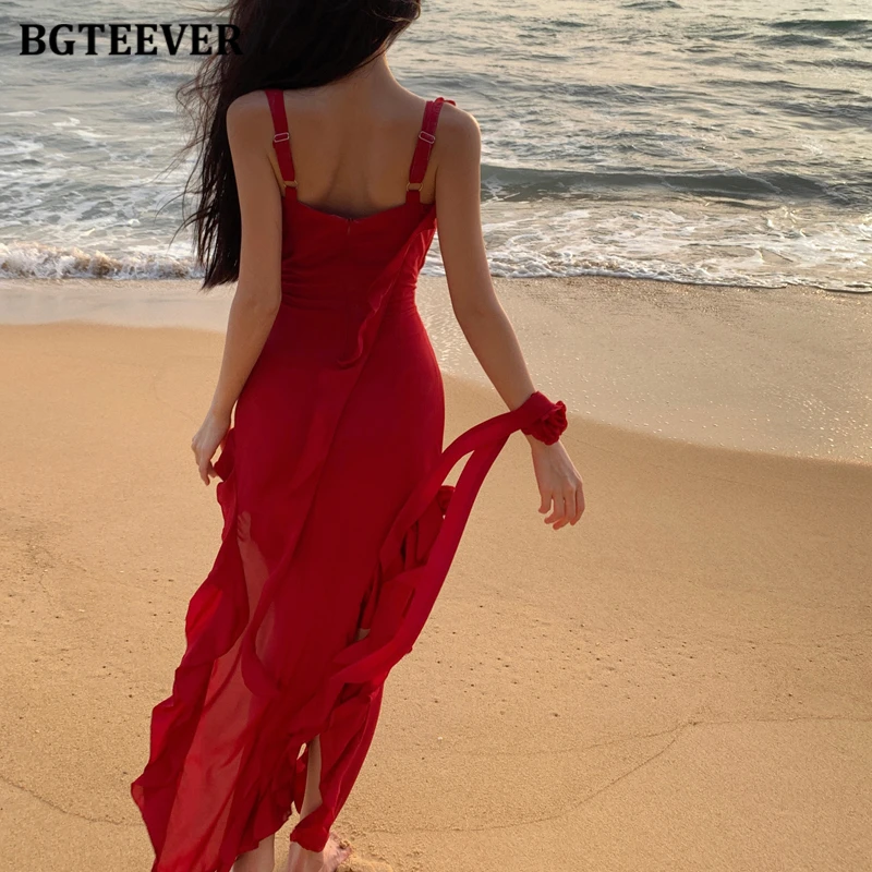 BGTEEVER Vintage Spaghetti Strap Ladies Split Floor-Length Ruffles Dress Summer Fashion Slim Women Sleeveless Package Hip Dress