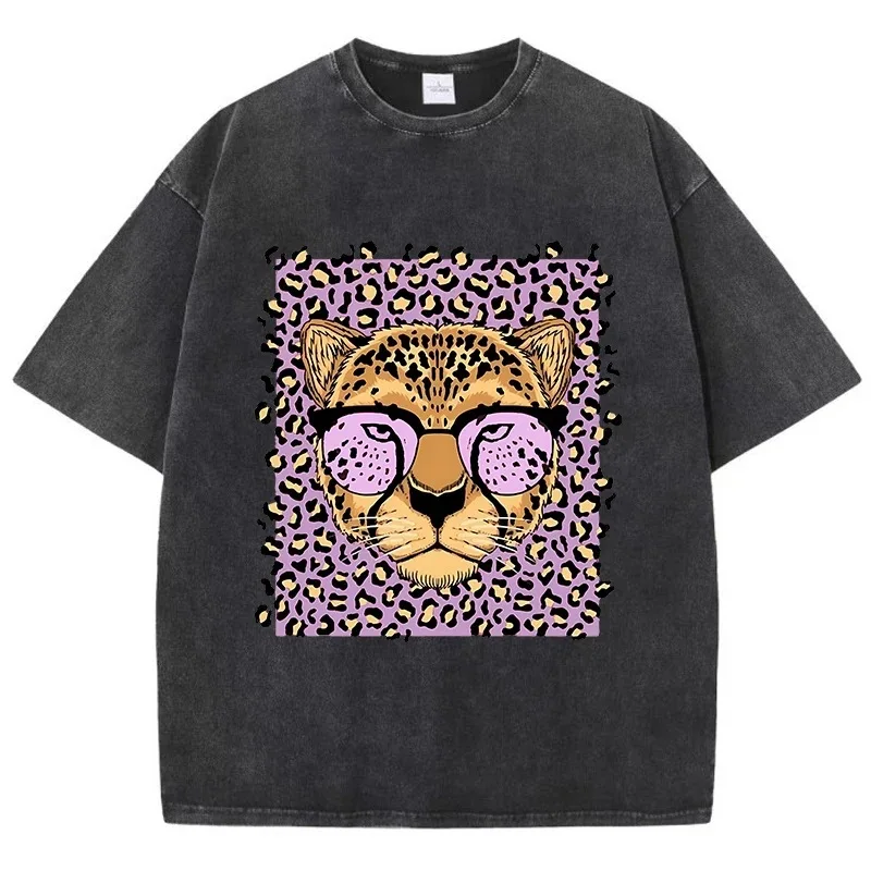 

Vintage Womens Acid Wash T-Shirts Leopard Cartoons Printing Tees Crewneck Cotton Oversize Short Sleeve Fashion Female Clothes