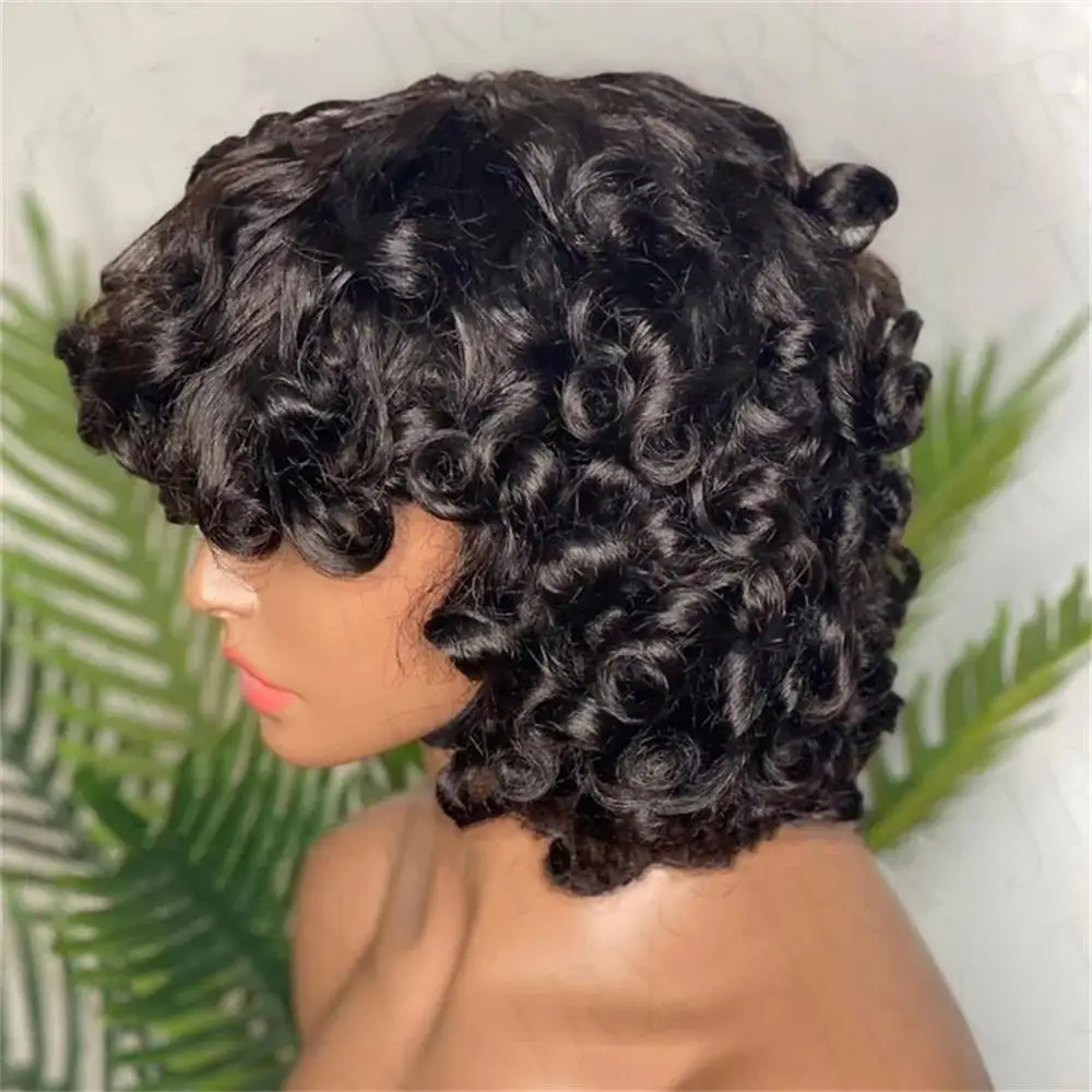

Bouncy Curly Wig Pixie Cut Wig Short Curly Brazilian Human Hair Wigs For Women Cheap Full Machine Wigs Curls Bob Wig With Bangs