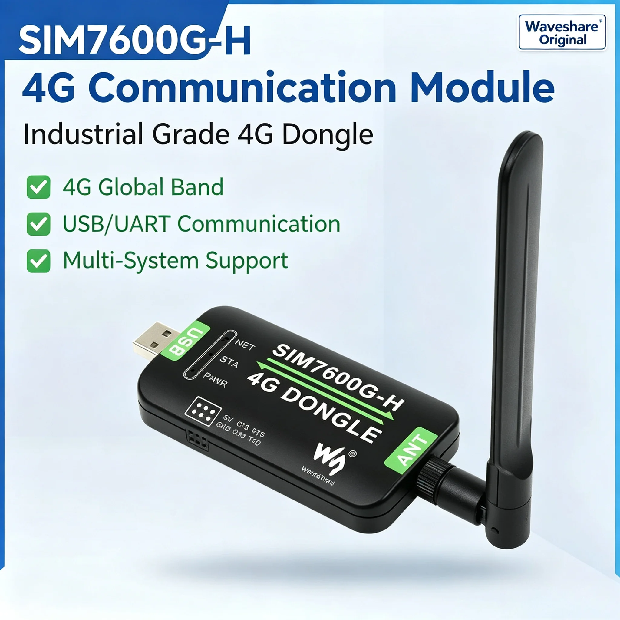 Waveshare SIM7600G‑H 4G DONGLE Module, Industrial‑Grade Data Transmission Internet Module, GNSS Global Coverage