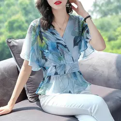 Büro Dame Mode Blumen Gedruckt Bluse Sommer Casual Rüschen Patchwork Alle-spiel Weibliche V-ausschnitt Koreanische Kordelzug Bogen Shirt