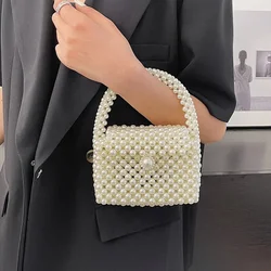 Borse da donna con manico superiore di tendenza 2024 Borse di perle con perline intrecciate per le donne Borse da festa con pochette per telefono per vacanze al mare di nuova moda