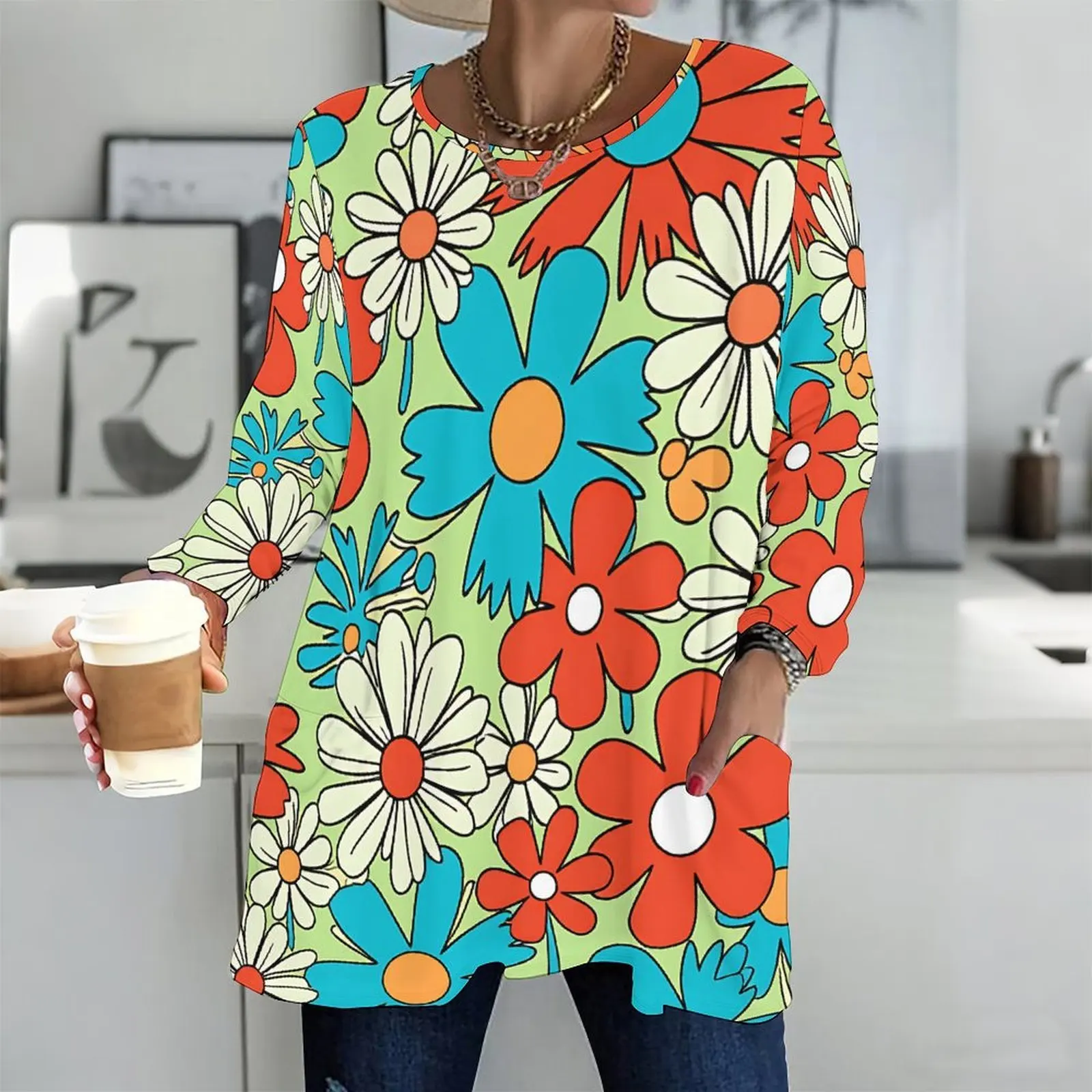 Printed Top for Women Round Neck Long Sleeve Front Pockets Loose Fit Longline 6