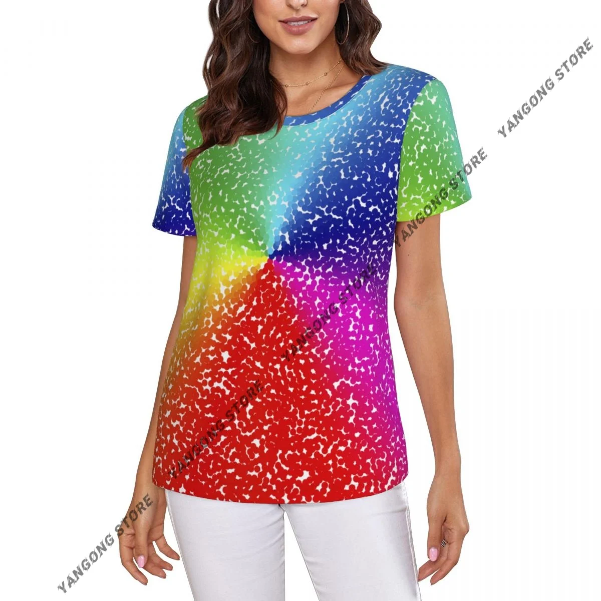 Casual Summer Woman Skinny Fit T-shirt Tight Short-Sleeve O-neck Tee Basic Abstract Mosaic Colorful Round Tiles T Shirt