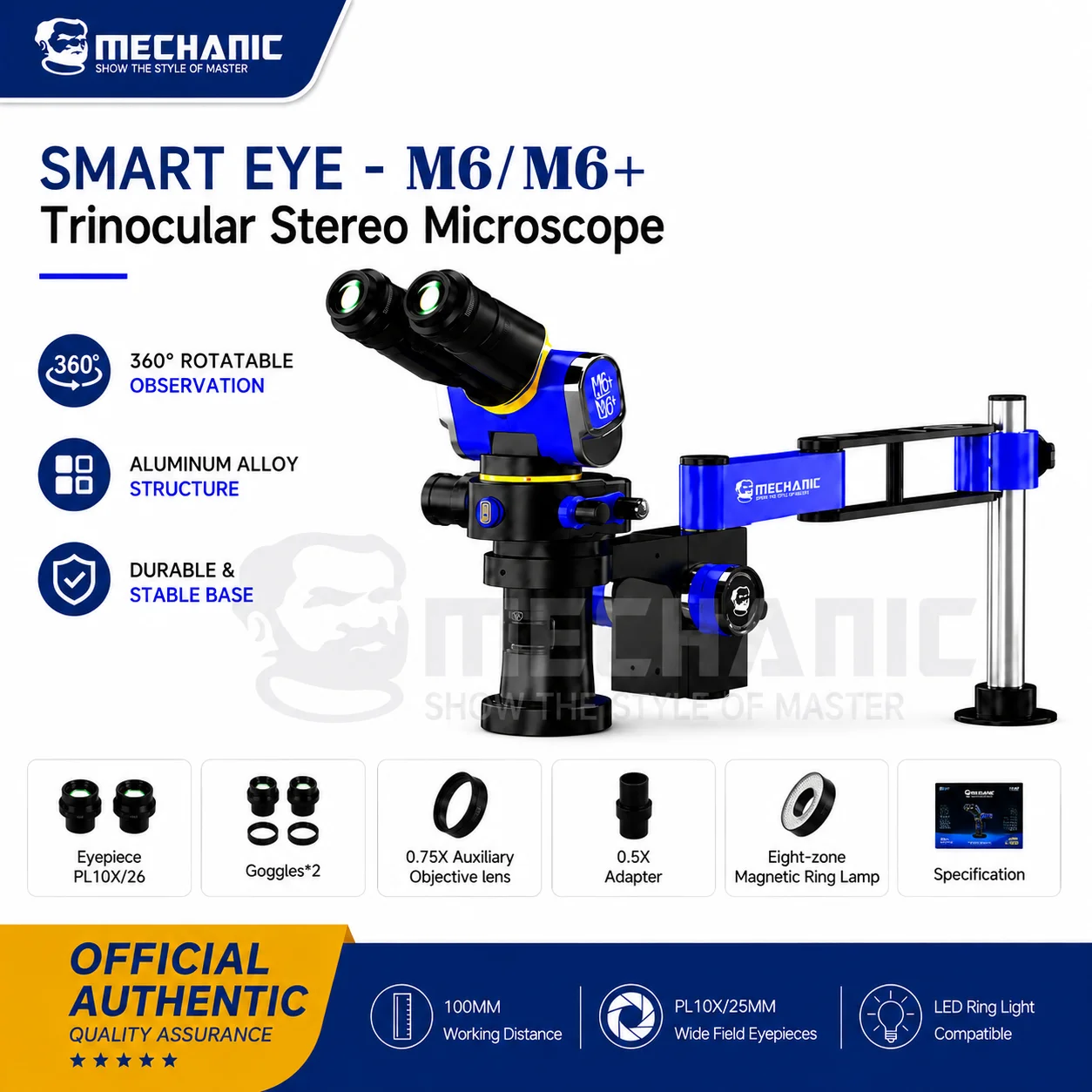 MECHANIC SMART EYE M6/M6+ Parallel Light Stereo Microscope 7X-45X Zoom PL10X25 Eyepieces Swing Arm for Mobile Phone PCB Repair