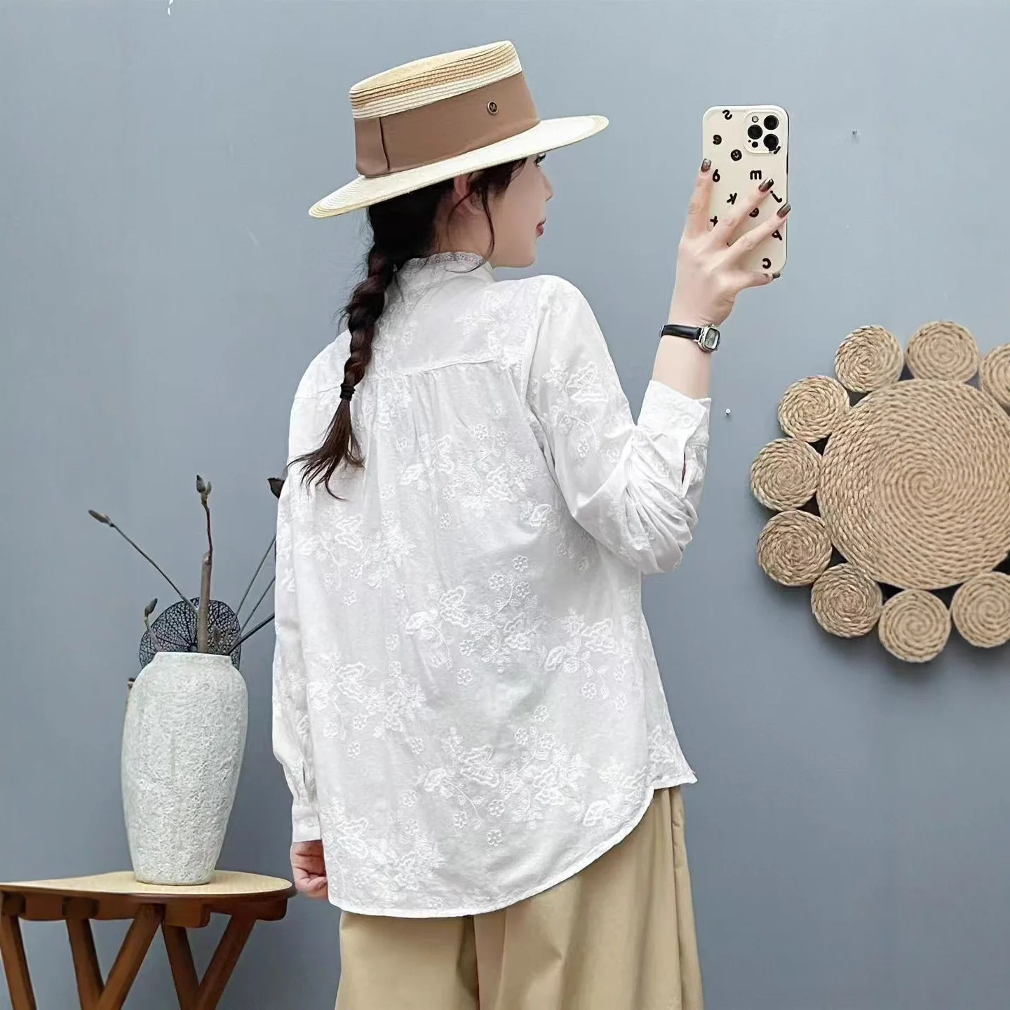 [مخزون جاهز] بلوزة نسائية عالية الجودة 100% قطن قميص موري سويت جاكار مطرز بأكمام طويلة وطية صدر السترة بلوزات ضيقة جديدة