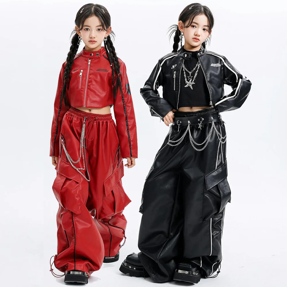 

Children Girls Hip Hop Jazz Streetwear Fashion Show Leather Jacket Pant Sets Kids Dance Performance Clothes Costume Tracksuits