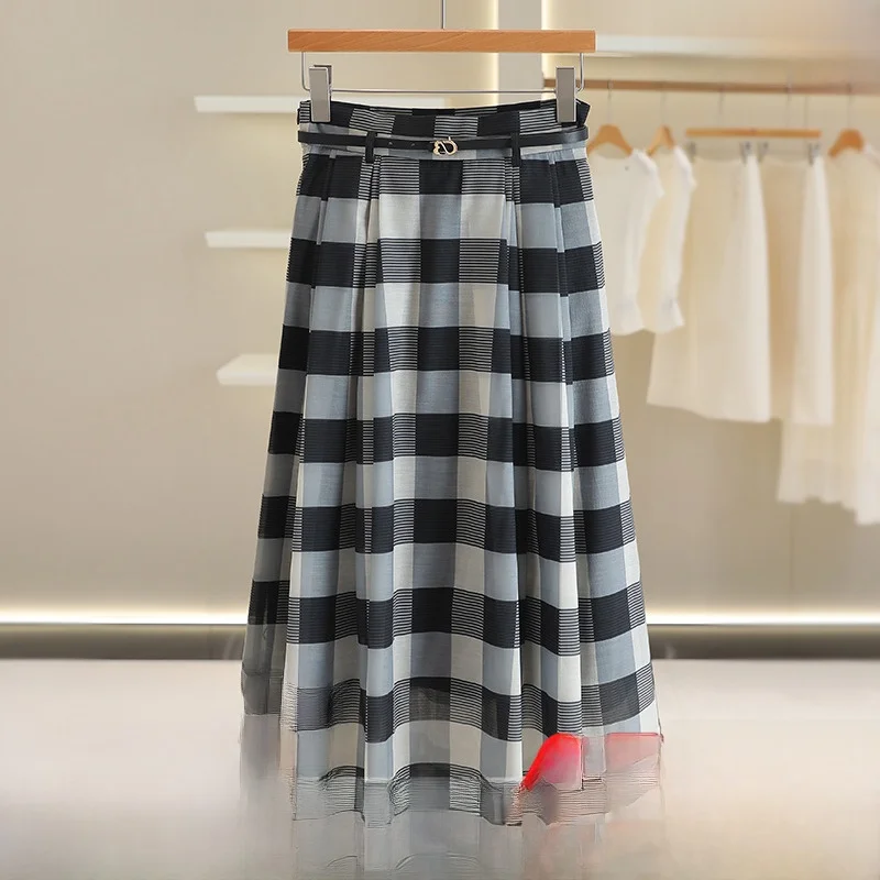 

Ele High Waist Knee-Length Plaid f Skirt for Women Summer New Sle Korean Version Commute Polyester Fiber A-Line Skirt