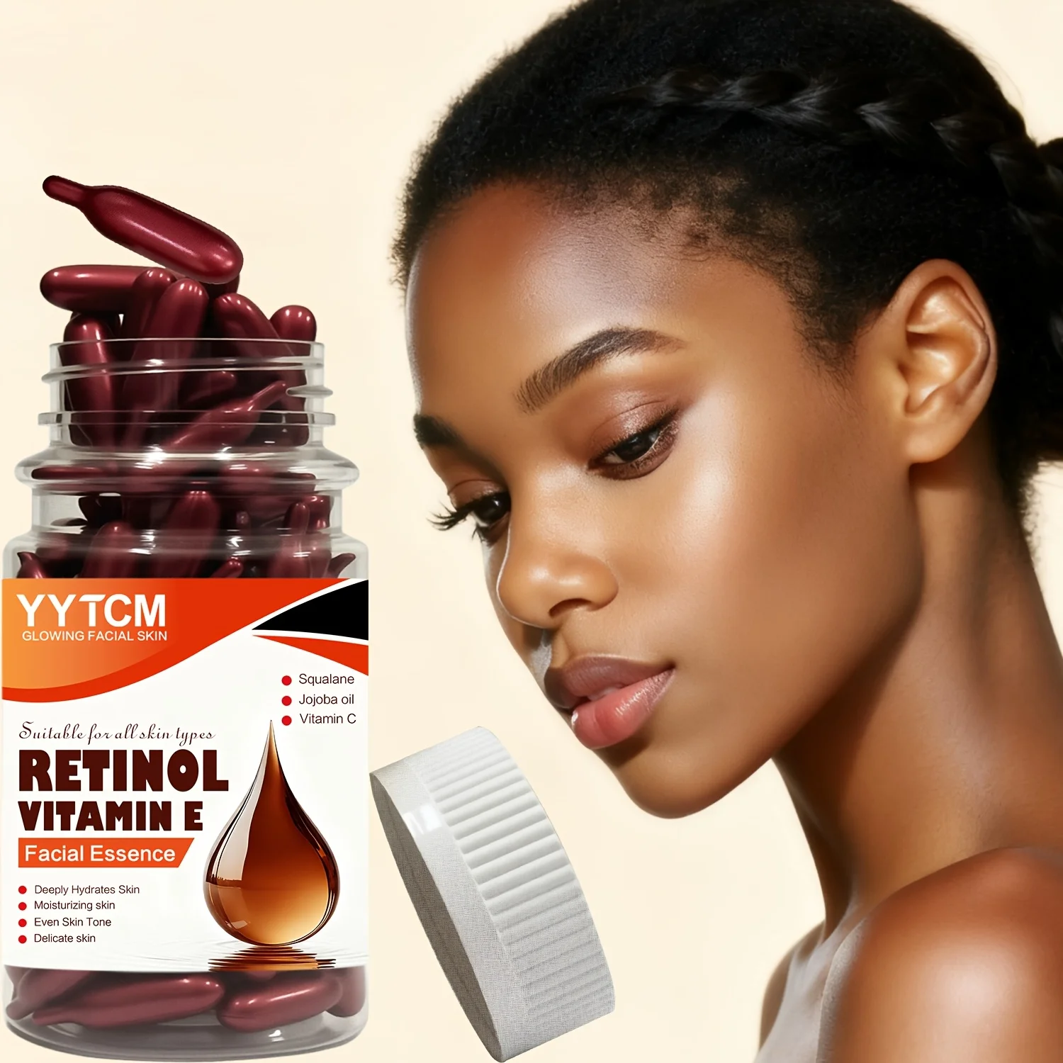 Esencia en Cápsulas de Retinol y Vitamina E, Hidrata, Reafirma y Suaviza la Piel, Contiene Escualano de Origen Vegetal, Vitamina C, Esencia para Hidratación Profunda e Iluminación de la Piel (0.4Gx90 Cápsulas)/Botella-1 Botella