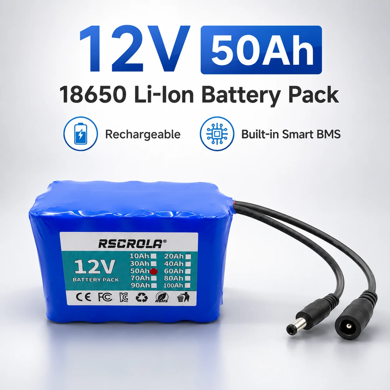 12V 50Ah Rechargeable Li-Ion Battery Pack 18650 Built-in BMS High Capacity Lithium Battery for Solar LED Light DIY Power Supply