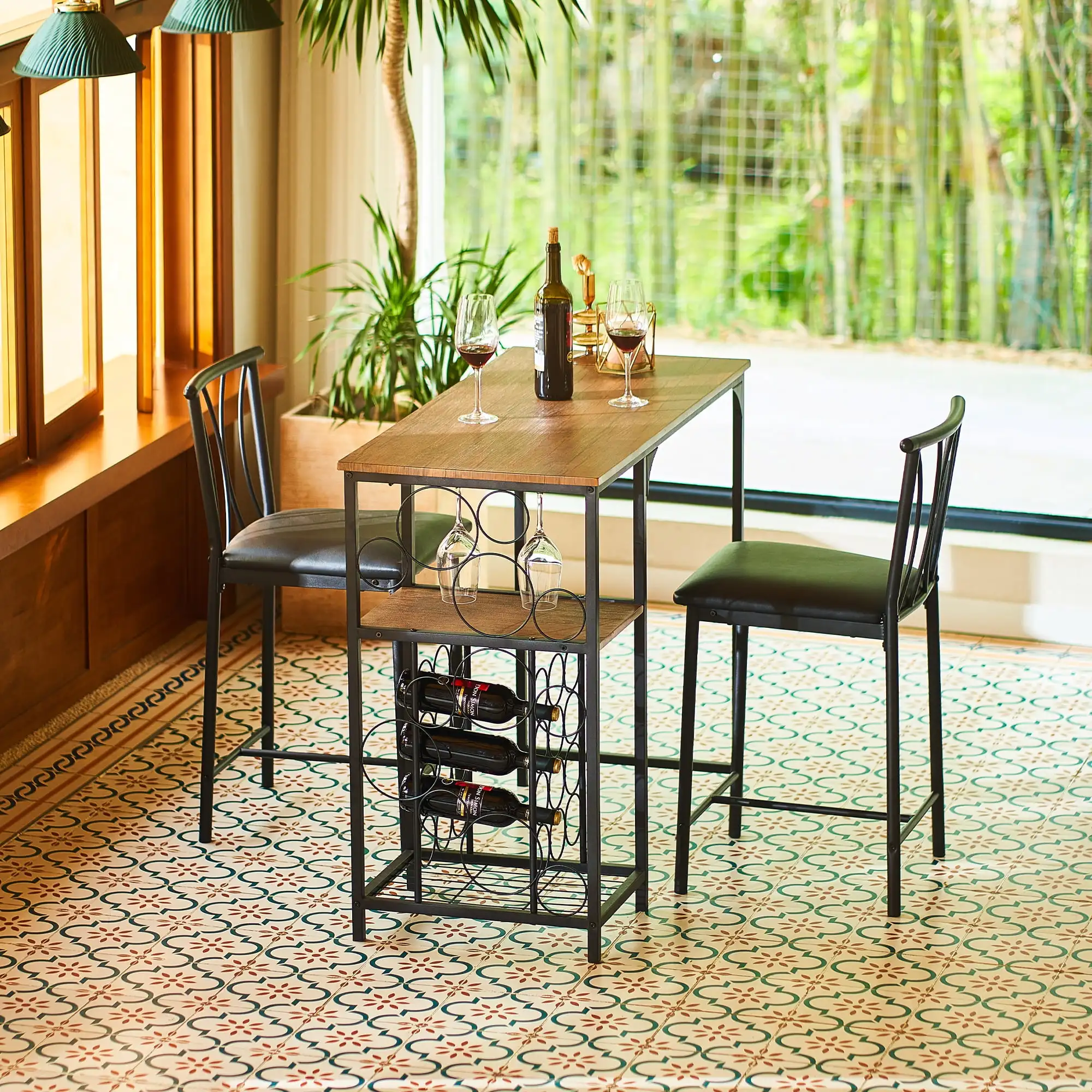 3 Pieces Bar Table Set Counter Height Bar Dining Table with Stools Set Wine Rack & Glass Holder Wood Brown