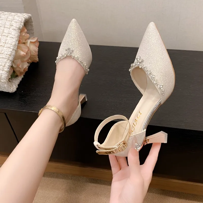 

One Strap Hollow Heels Autumn New Pointed Toe Shallow Slip Rhinestone Non-slip Stiletto Single
