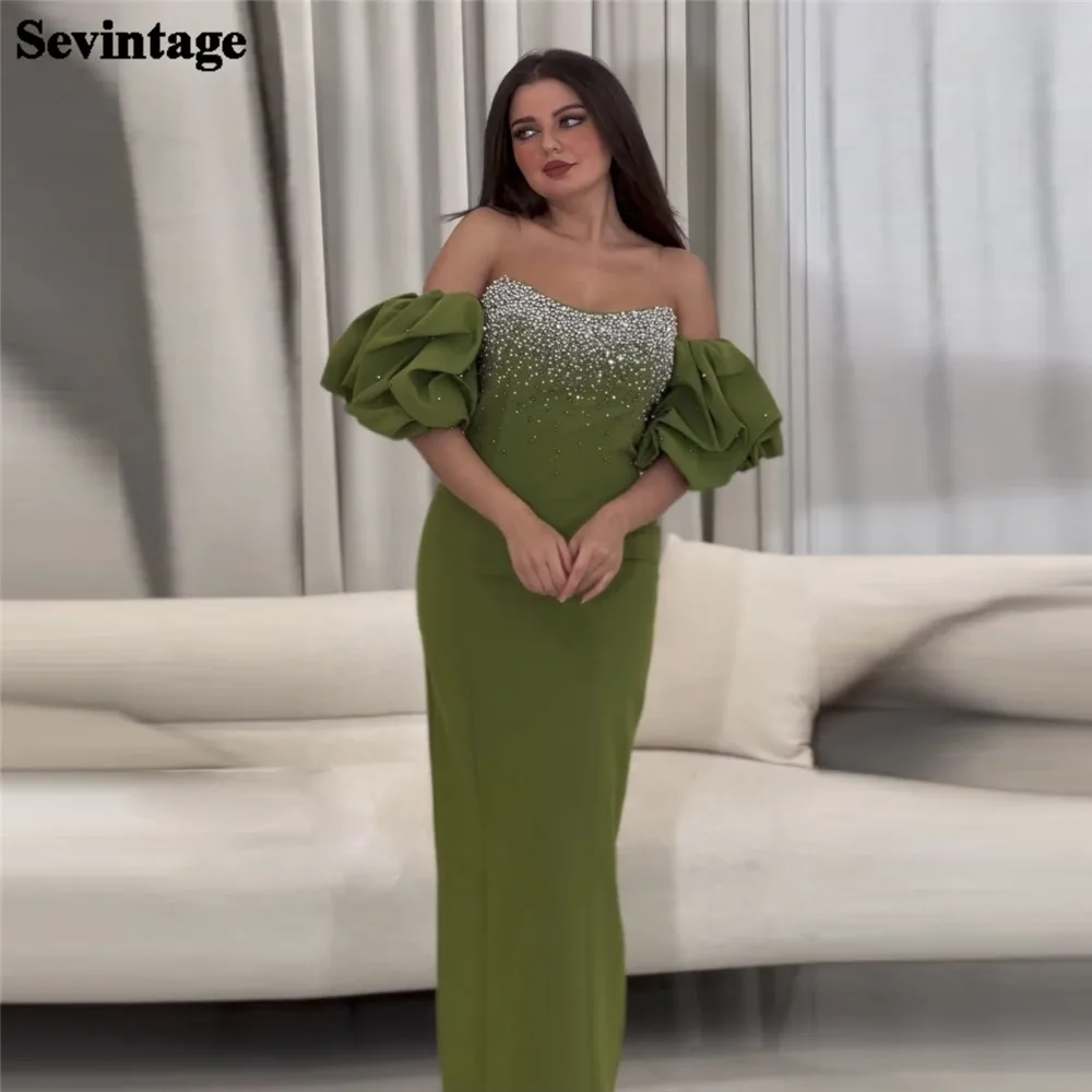 

Sevintage Saudi Arabic Chiffon Mermaid Evening Dresses Off The Shoulder Ruffles Sequined Prom Dresses Robe de soirée for women