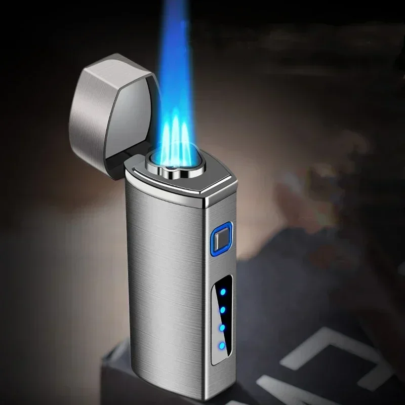 

2025 Touch Sensing Metal Outdoor Windproof Electric USB Lighter Turbo Three Torch Blue Flame Jet Cigar Tool Gas Lighter Men