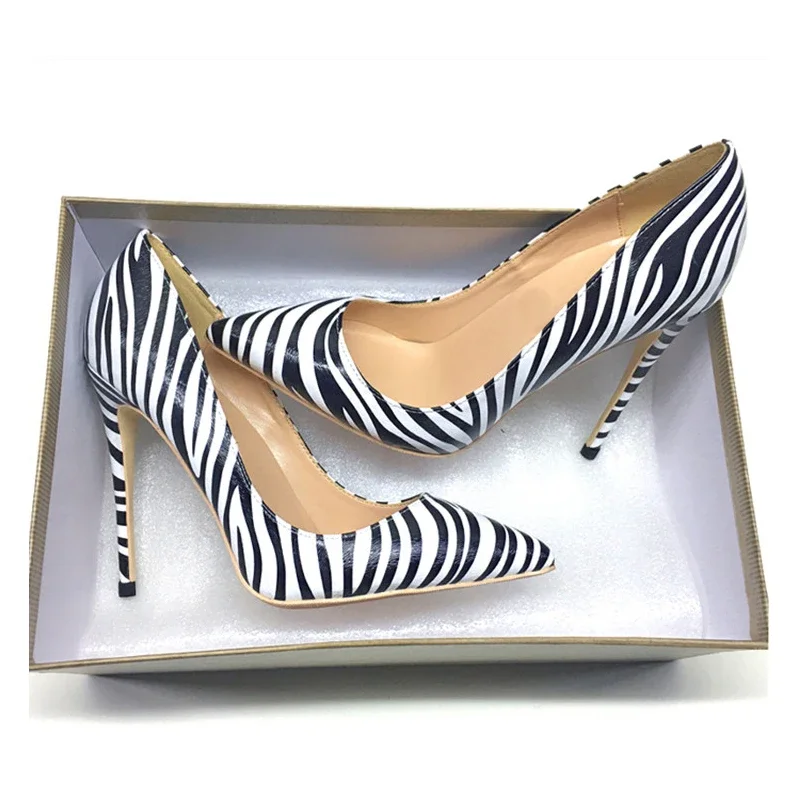 

Zebra stripe black white 12cm high heels women's shoes shallow high heels pointed toe shoes women pumps QP057