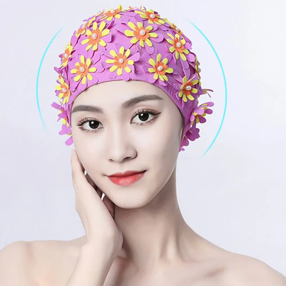 Diving Cap Pearl Floral Petal Swim Cap Long Hair Flower Swimming Cap Breathable Lightweight Flower Swimming Cap Women