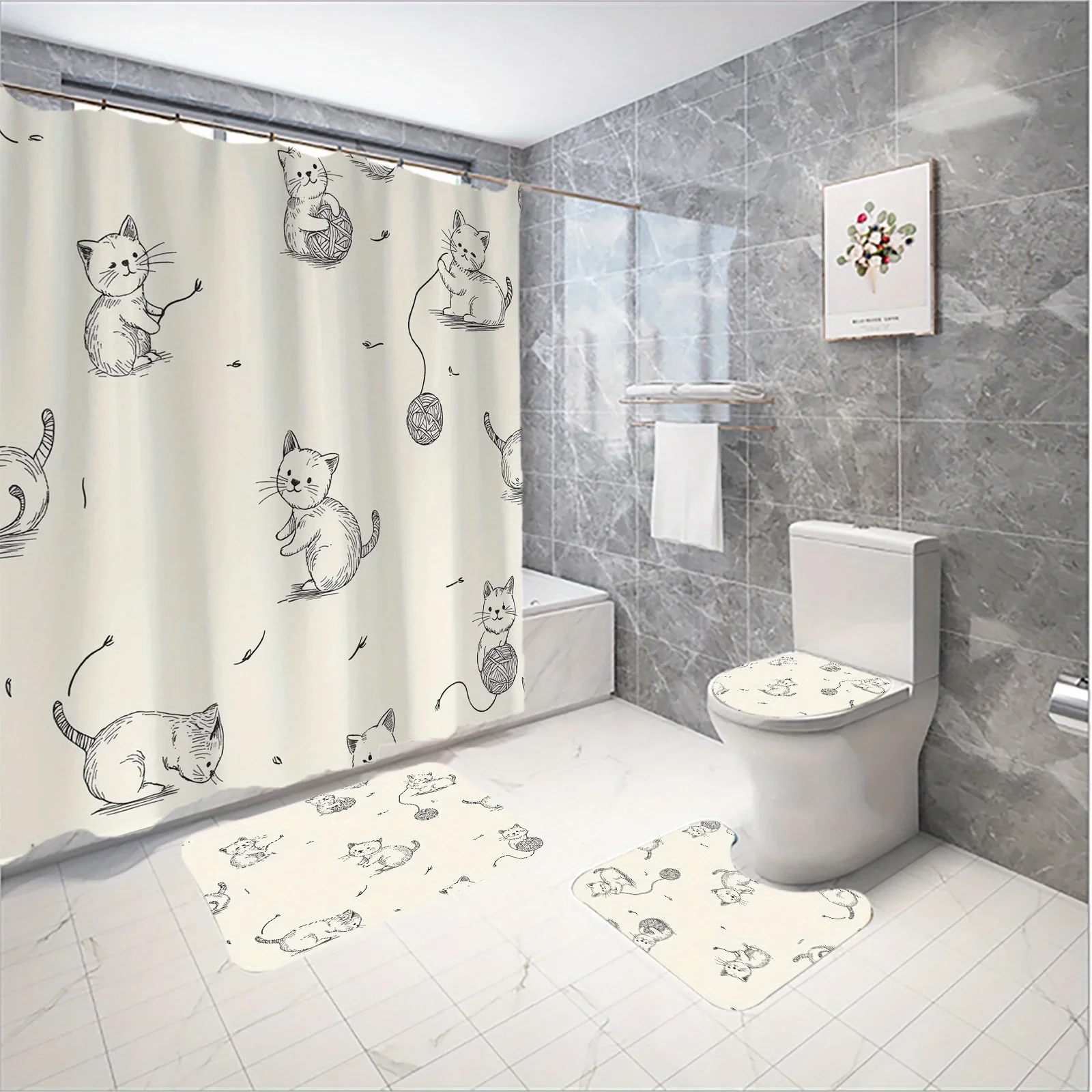 

Cute Sketchy Cats Bathroom 4-Piece Set: Shower Curtain, Bath Mat, Toilet Cover, Tank Cover – Adorable and Playful Decor