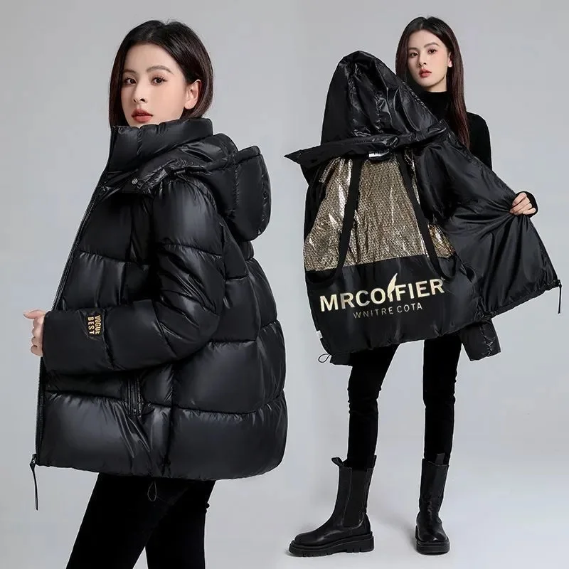 Black Short Hooded Thick Cotton Jacket For Women Winter Coat Jacket Warm Down Cotton Parkas Korean Loose Women's Parkas
