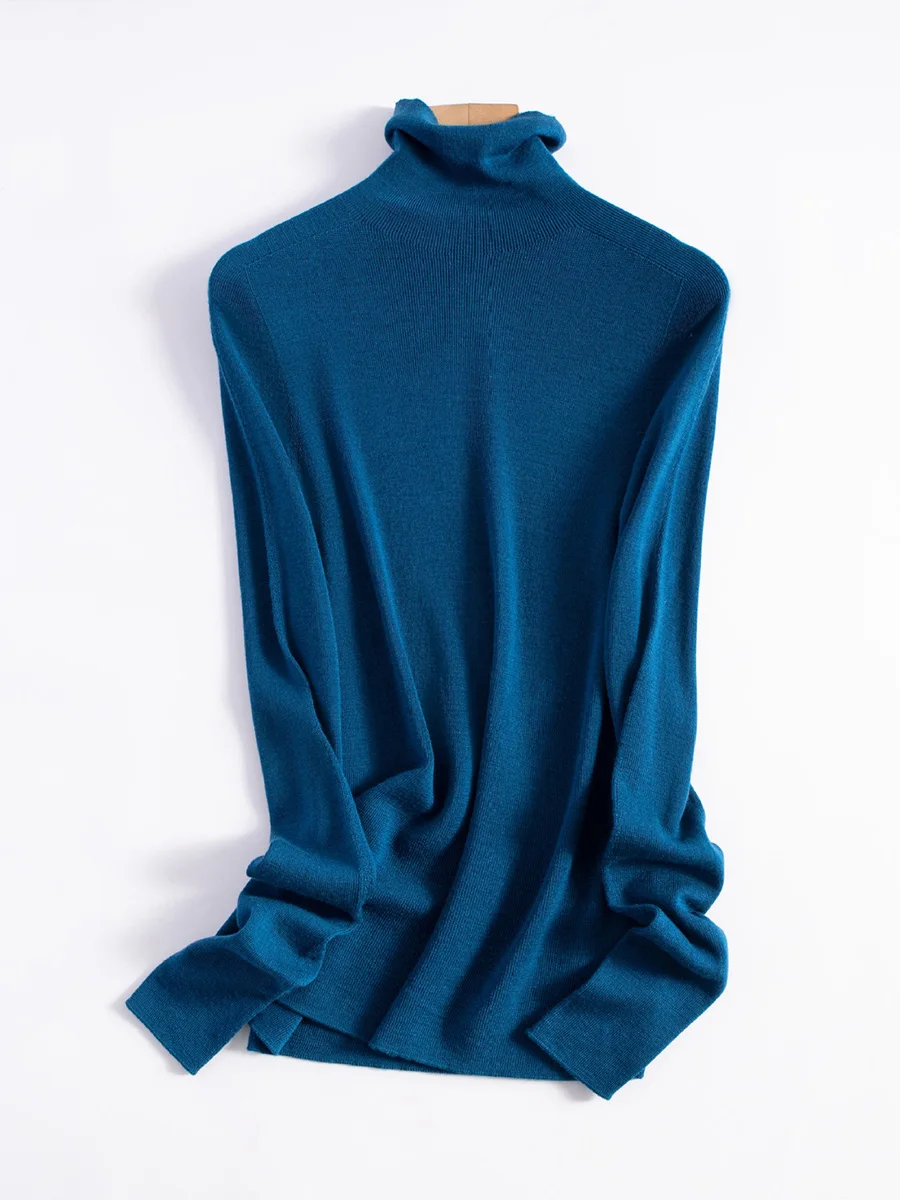 SuyaDream, jerséis básicos ajustados con cuello alto de lana merina 100% para mujer, suéteres cómodos para Otoño e Invierno 2024, azul jengibre
