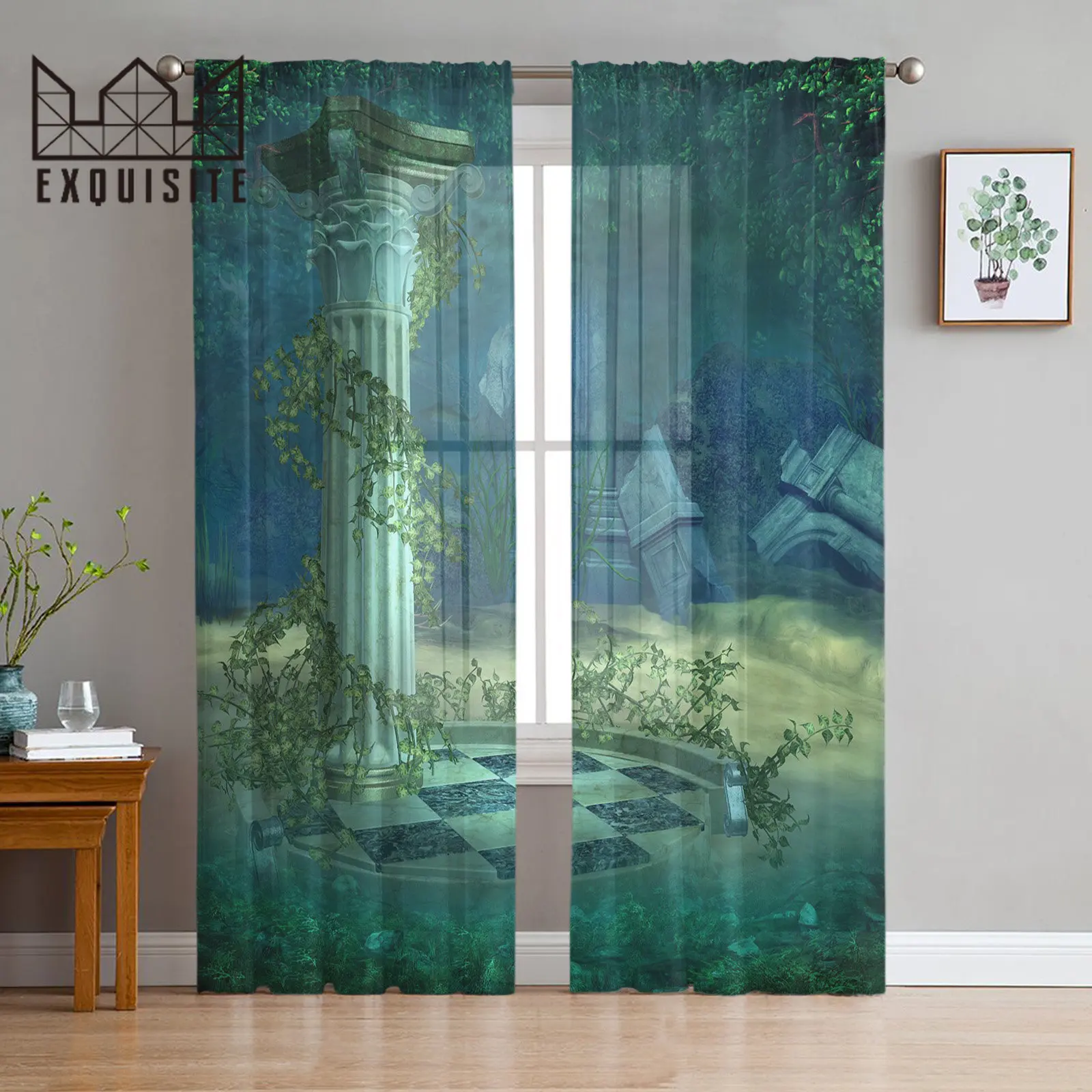 Underwater Temple Ruins Tulle Curtain for Living Room Balcony Decor Sheer Curtain for Kitchen Bedroom Fashion Home Decor