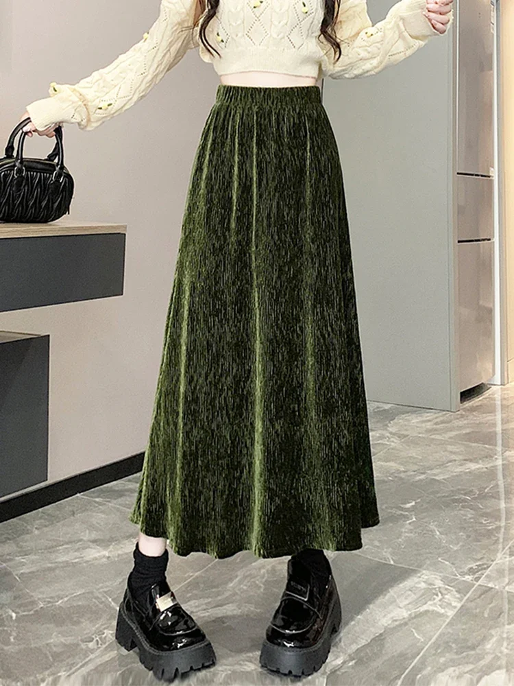 Fashion Folds Velvet Long Skirt for Women 2024 Autumn Winter Vintage Elegant Solid A Line High Waist Maxi Skirt Female Z365